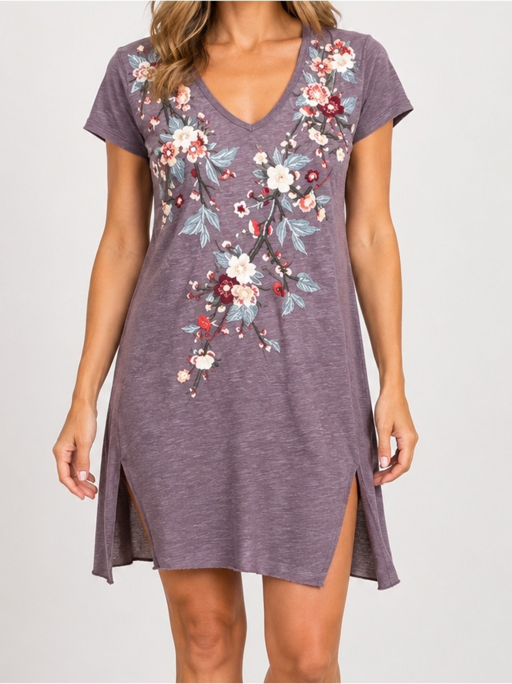 Johnny Was Simona Embroidered V Neck Side Slit Tee Shirt Tunic Dress Purple XS